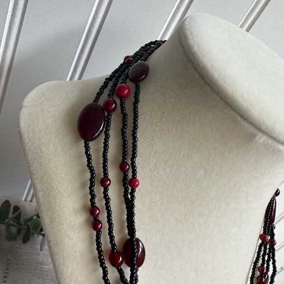 Garnet Red Faux pearl Acrylic Oval Bead Multi Strand Choker Necklace 18 inch - Picture 3 of 5